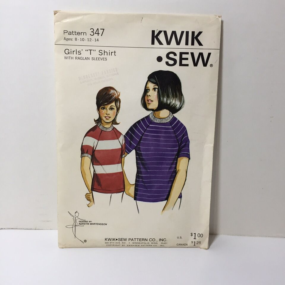 Kwik Sew 347 Size 8-14 Girls' T-Shirt with Raglan Sleeves - $12.86