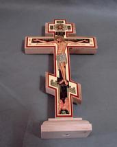 Russian Orthodox Icon Litho on Orthodox Cross Wood Stand Alone  - $14.99