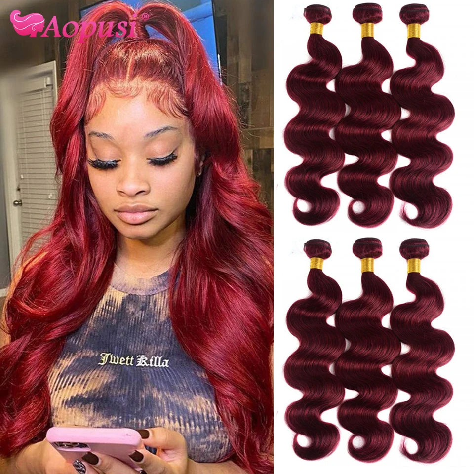 Aopusi Brazilian 99J Body Wave Bundles 1/3/4 PCS Human Hair Bundles Burgundy Red - £40.75 GBP+