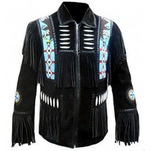 Men&#39;s Black Western Style Bone Eagle Beaded Patches Suede Leather Fringed Jacket - £126.39 GBP