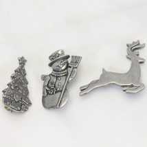 Quick Cooking Pewter Snowman Reindeer Christmas Tree Pin Brooch Vintage - $15.67