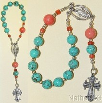 CATHOLIC TRAVEL ROSARY CHAPLET TURQUOISE CORAL &amp; STERLING SILVER - $113.85