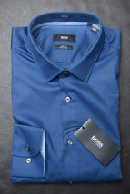 HUGO BOSS Herren Jesse Slim Fit Easy Iron Baumwolle Solide Navy Kleid Hemd 38 15 - £50.11 GBP
