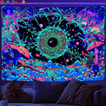 Blacklight Mushroom Tapestry UV Reactive Eye Hippie Galaxy Space Wall Ha... - $18.86+