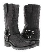 Mens Black Biker Boots Crocodile Back Pattern Leather Cowboy Motorcycle Square - £151.32 GBP