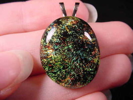 #DL-417) Dichroic Fused Glass Pendant Jewelry Green Orange Swirl - £19.40 GBP