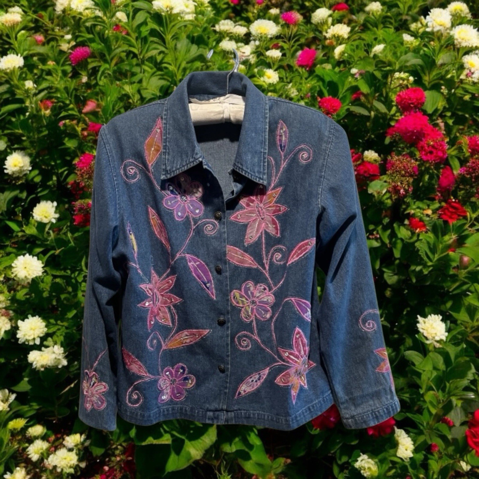 Vintage Tantrums Blue Denim Jean Jacket Pink Floral Applique Sz M 1990s ... - $28.71