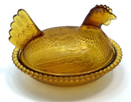 Vintage Indiana Gold Glass Hen on Nest Covered Candy Dish Beaded 0547 READ - £27.13 GBP