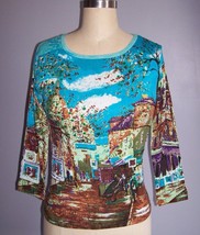 ART TO WEAR City Graphic Embellished Boho Knit Top Shirt Blue Size S NEW - £12.53 GBP