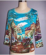 ART TO WEAR City Graphic Embellished Boho Knit Top Shirt Blue Size S NEW - £12.57 GBP