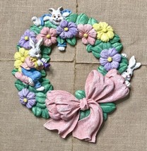 Vintage 90s Kitsch Resin Easter Bunny Floral Wreath Spring Pastels AS IS READ - £15.82 GBP