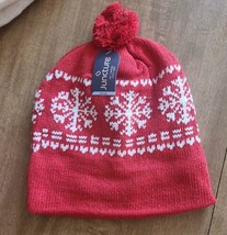 Winter Ski Hat Pom Beanie Snowflake Red &amp; White Lined Snow Cap BRAND NEW... - $18.07 CAD