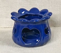 Navy Blue Glazed Pottery Luminary Candle Holder Scalloped Rim Whimsical Style - £9.34 GBP