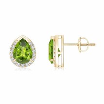 Peridot Pear-Shaped Halo Earrings with Diamond in 14K Gold (Grade-AAA , 7x5MM) - £662.30 GBP