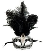 Black Gray Silver Venetian Mask Feather Masquerade Mardi Gras 12&quot; - £12.22 GBP