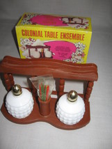 Salt &amp; Pepper Shakers Tooth Pick Holder Stand Milk Glass Look Colonial T... - $9.95