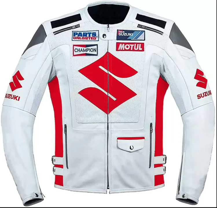 Men’s Suzuki Red &amp; White Cowhide Leather Motorcycle Jacket CE-Approved A... - $3,732.31 MXN