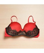 Victoria&#39;s Secret Red With Black Gold Lace Bra Push Up Padded Balconette... - $21.73