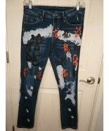 Rue 21 Premium Distress Jeans 32/ 30 blue denim skinny Japanese symbols - $26.91 CAD