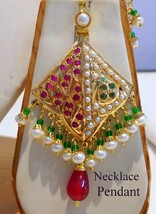 Traditional Small gold pendant real ruby emerald pearls studded 22k yellow gold  - £1,438.84 GBP