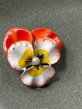 Vintage Orange White &amp; Yellow Enamel Pansy Flower w Faux Pearl Bead Brooch Pin – - £7.46 GBP