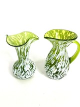 2 Rainbow Art Glass Green White Splatter Vase Pitcher Ruffled Vintage - $40.98