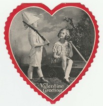 Vintage Valentine Card Boy Plays Soldier Girl in Wagon Photo 1920&#39;s Heart - $9.89