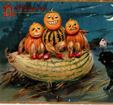 Halloween Postcard Tuck Three Goblins Pumpkin Heads Sit On Gourd Black Cat 150 - $52.25