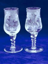 Lot of 2 Vtg Etched Glasses Floral Leaf Design w Twisted Pedestal Cordial Liquor - £12.24 GBP