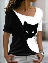 2022 Lady street short sleeve diagonal V T-shirt, cute cat daily leisure - £65.45 GBP