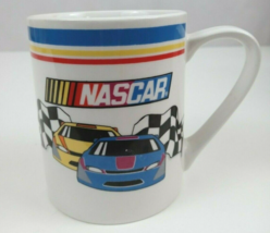 2002 Gibson Nascar Yellow &amp; Blue Cars With Checkered Flags White 4&quot; Coffee Cup - £5.41 GBP