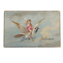 VICTORIAN CALLING CARD - baby riding bird dove holding letter - Daisy Fetterman - £11.76 GBP