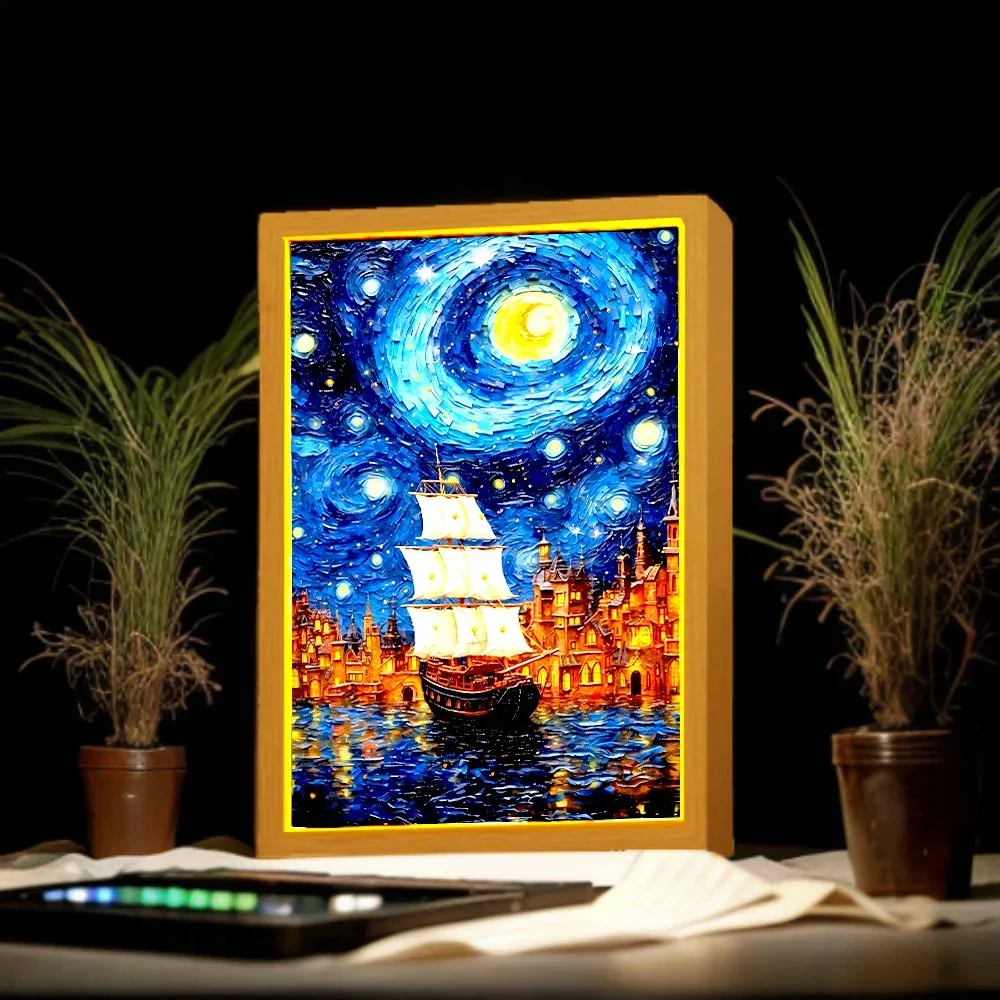 T painting picture frame led night light moon lamp van gogh starry sky wall art oficina thumb200