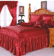 Diamond Burgundy Solid Color Luxury Satin Bedspread Set 4 Pcs Queen Size - £83.79 GBP