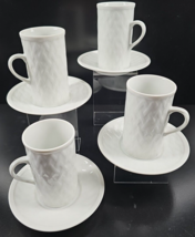 (4) Fitz &amp; Floyd Basketweave Tall Cups Saucers Set Vintage White Japan Retro Lot - $46.40