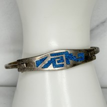 Vintage Mexico Silver Tone Crushed Stone Inlay Hinge Bangle Bracelet - £18.61 GBP