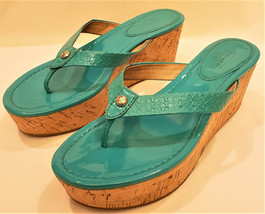 COACH Jorgina Embossed  Wedge Thong Sandals Sz-9B Turquoise Patent Leather - £39.95 GBP