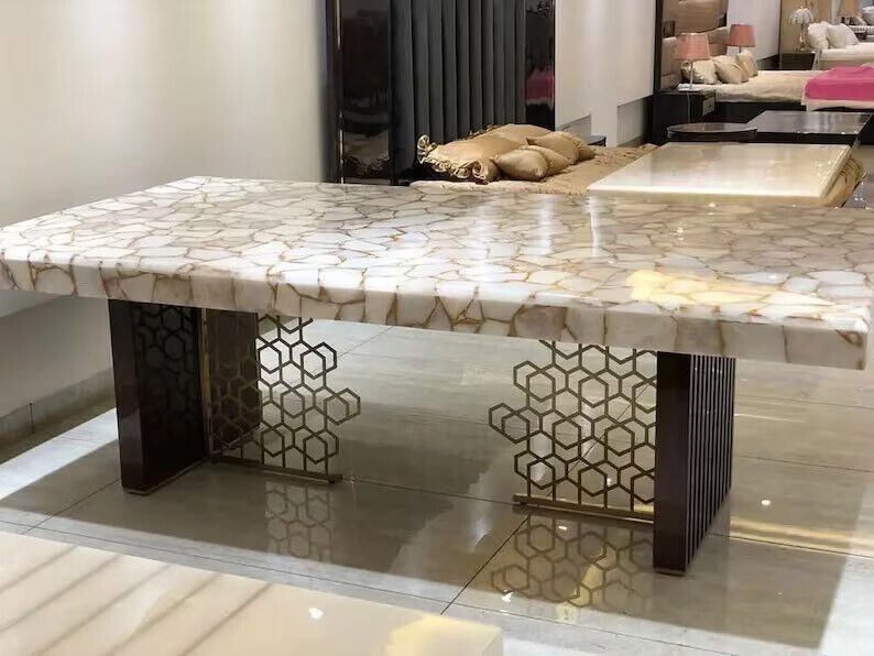 White Agate Crystal Dining Table Handmade Furniture Kitchen Countertop H... - $211.19+