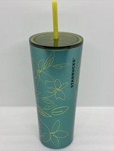 Starbucks Tumbler Floral Teal Stainless Steel Cold VENTI 24oz. Cup &amp; Straw 2022 - £22.06 GBP