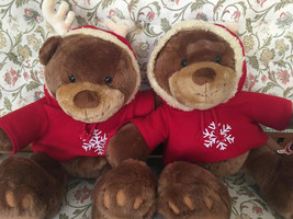Lot of two 2 stuff red hooded bears animal art stuff toy reindeer hoods ... - £36.05 GBP