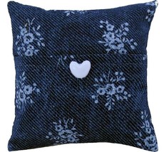 Tooth Fairy Pillow, Navy Blue, Flower Print Fabric, White Heart Button Trim - $4.95