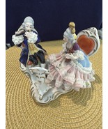 Antique German Porcelain Dresden Two Lace Figurines Playing Mandolin &amp; F... - $79.19