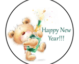 HAPPY NEW YEAR TEDDY BEAR ENVELOPE SEALS STICKERS LABELS TAGS 1.5&quot; ROUND... - £1.55 GBP