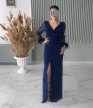 Thigh-High Slit Chiffion Lace Long Sleeve with Feathers Navy Blue Evening Dress  - £86.22 GBP
