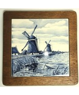 Delft Blue &amp; White Holland Dutch Windmills Wood Framed Tile Hot Plate Tr... - $15.18 CAD