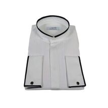 Men CEREMONIA Formal Cotton Shirt Collarless Slim Fit Turkey #HB 33 White/Black image 2