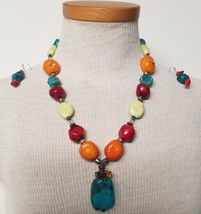 Turquoise Red Orange Lime Green Chunky Agate Stone Nugget Necklace Earrings Set - £24.87 GBP