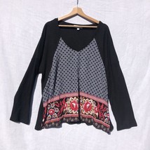 Weekend Suzanne Betro Size 4X Black Waffle Knit w Blue Red Geometric Front Shirt - £19.77 GBP