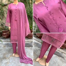 Pakistani Tea Pink Straight Shirt 3PCS Chikankari Lawn dress, Threadwork ,XL - £62.51 GBP