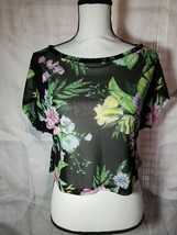 Material Girl Juniors Active top Tropical Black Floral Print Mesh Crop Size XS - £20.69 GBP